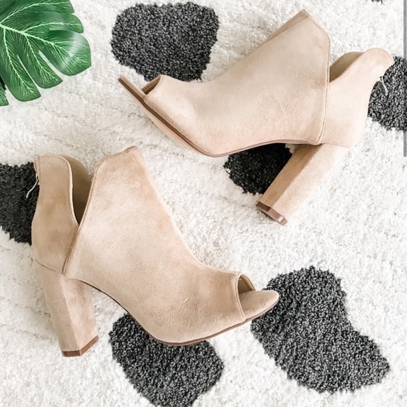 5⭐️/PAULINE/ Taupe Open Toe Suede Heeled Booties - Picture 2 of 3